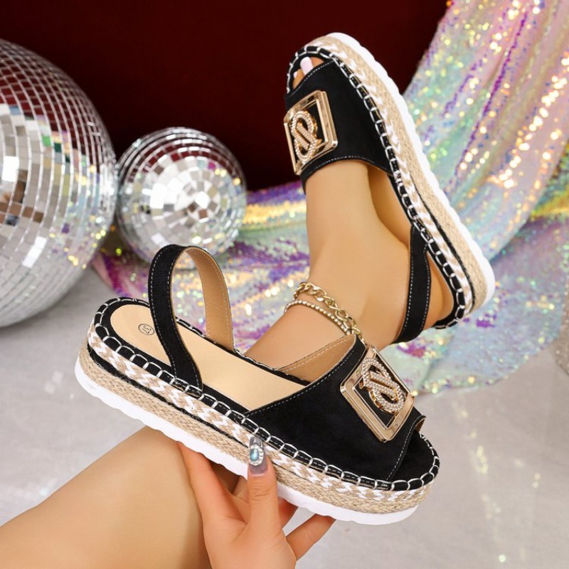 Wedge Espadrille Women - レディースプラットフォームエスパドリーユサンダルラインストーンメタルバックルオープントゥスリングバック夏のビーチカジュアルファッショナブルな履物新しい靴