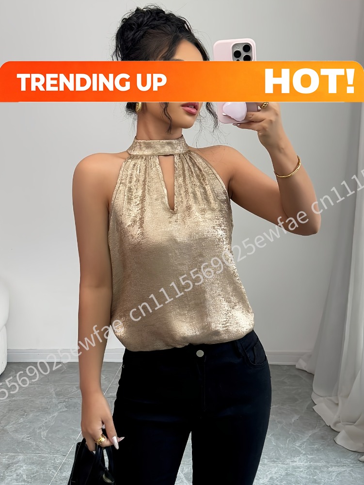 Blouse Off Shoulder - シャンパンゴールデン光沢のある光沢のあるホルターネックオフショルダー中空アウトノースリーブブラウスレディースセクシーエレガント春夏トップ