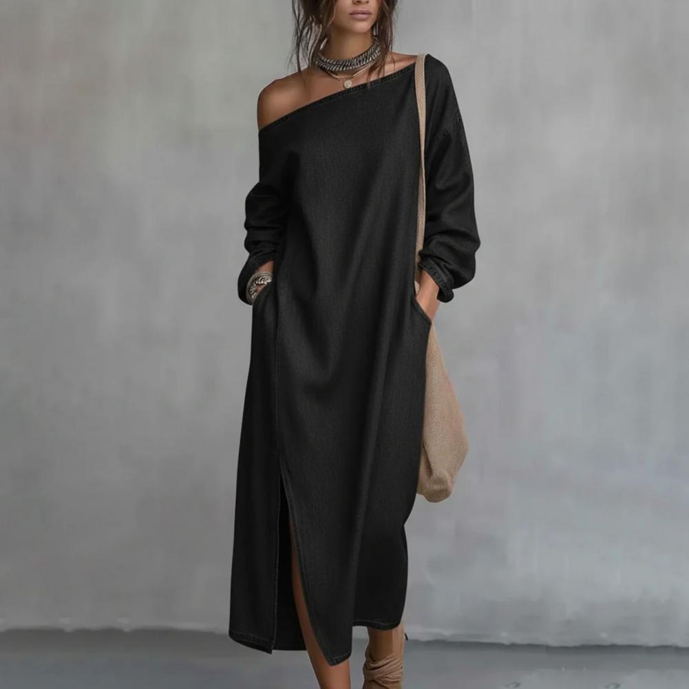 Linen Dress Wrap - レディースワンショルダーロングスリーブマキシワンピース、カジュアルコットンリネンロングチュニックドレス、サイドスリット入りサマールーズドレス（ポケット付き）