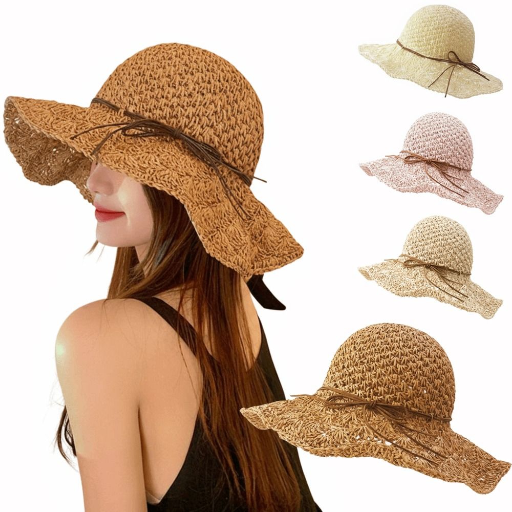 Hat Floppy Wide - 手編みクロシェ麦わら帽子つば広折りたたみ式パナマハット通気性UVカット麦わら帽子夏の女性用帽子