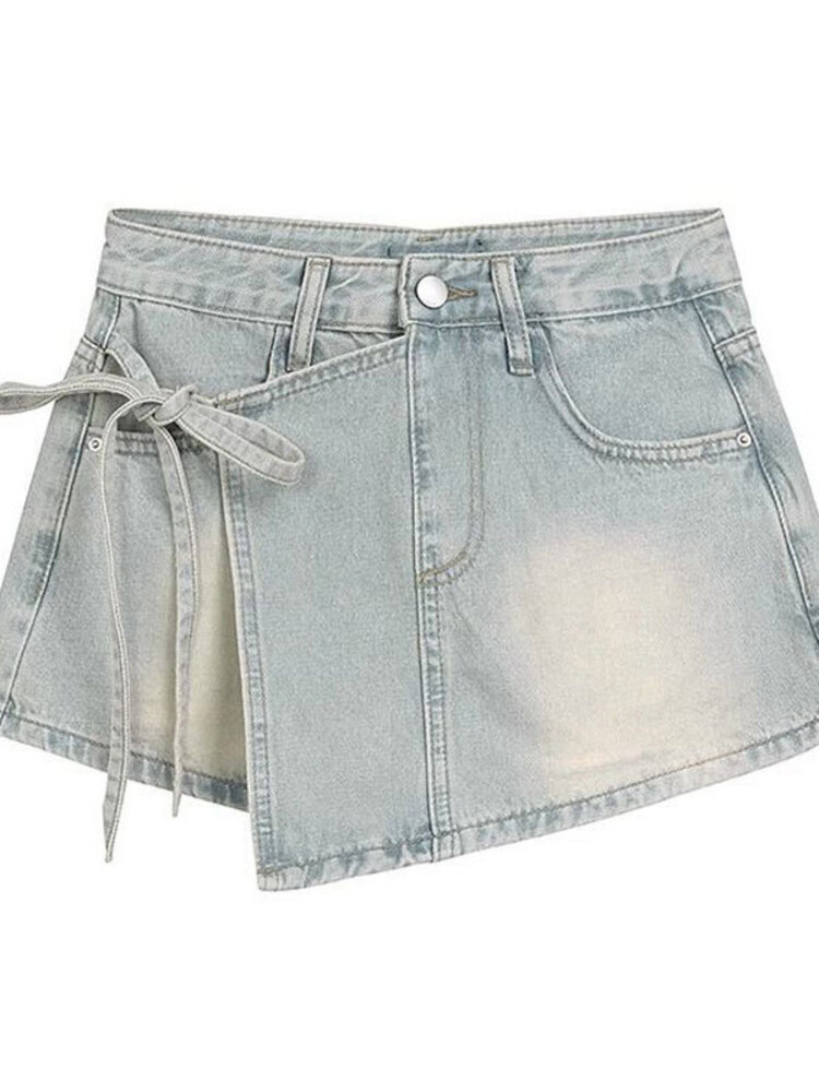 レディース ハイウエスト デニムスコート ライトブルーウォッ - Shorts Denim Frayed のレビューと価格