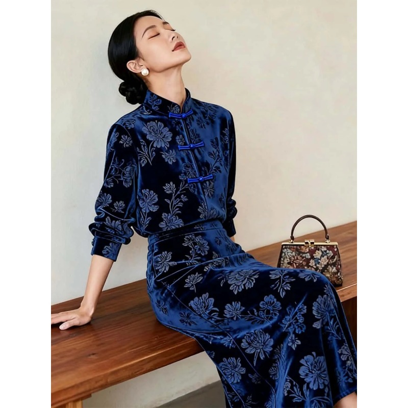 女性用新作チャイナ風ベルベット花柄プリントカエルボタン付きト - Midi Skirt Floral のレビューと価格