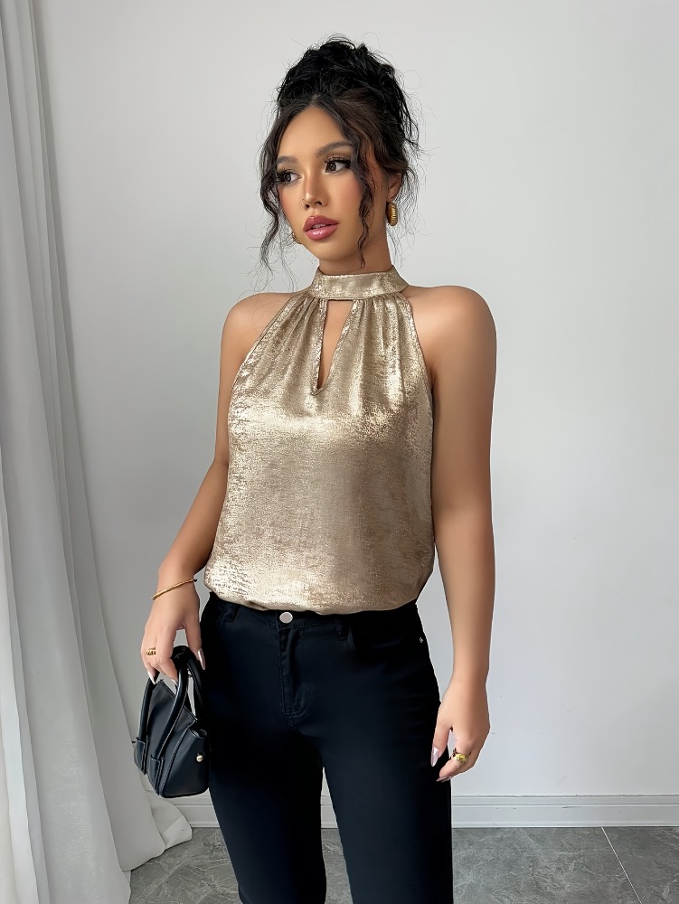 シャンパンゴールデン光沢のある光沢のあるホルターネックオフシ - Blouse Off Shoulder のレビューと価格