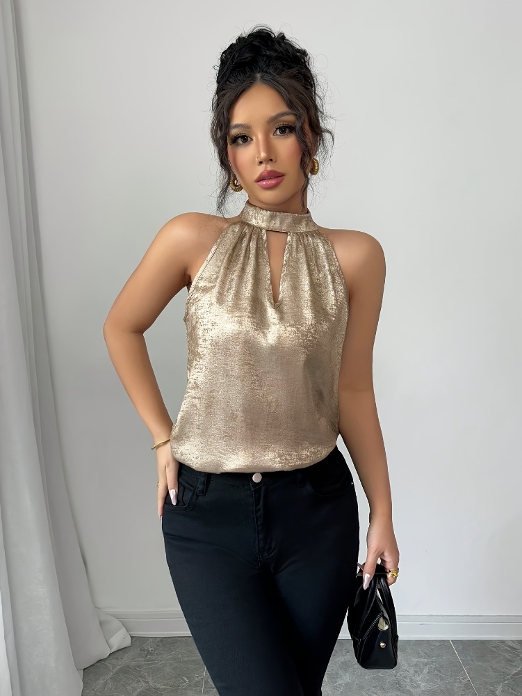 シャンパンゴールデン光沢のある光沢のあるホルターネックオフシ - Blouse Off Shoulder のレビューと価格