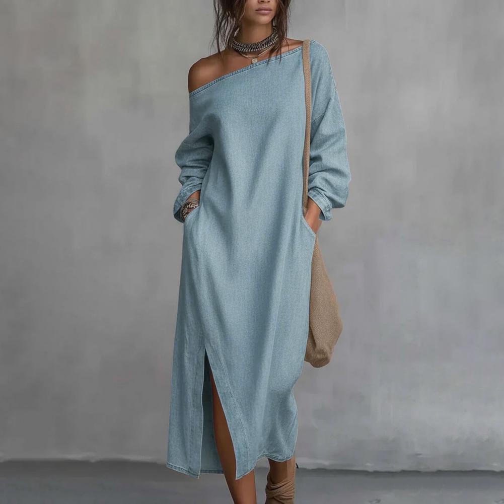 レディースワンショルダーロングスリーブマキシワンピース、カジ - Linen Dress Wrap のレビューと価格