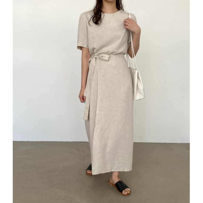 エレガントなコットンリネンラップドレス、ベルト付き、半袖、カ - Linen Dress Wrap のレビューと価格