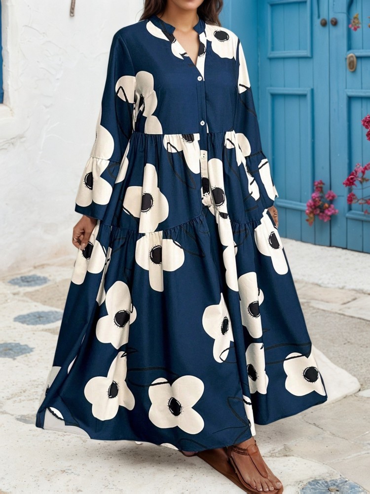 XL-4XL プラスサイズの服ドレス女性秋冬ローブ長袖ストリ - Midi Skirt Floral のレビューと価格