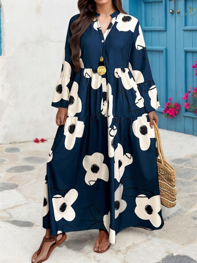 XL-4XL プラスサイズの服ドレス女性秋冬ローブ長袖ストリ - Midi Skirt Floral のレビューと価格